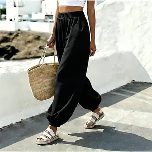 Stylish women's high-waisted black lantern pants for beach vacations and casual wear
