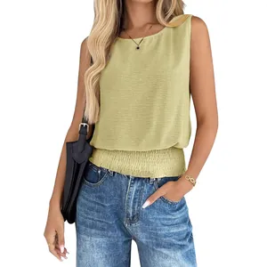 Casual women's round neck sleeveless solid tank top with a stylish smocked hem