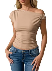 Close-up of khaki ribbed slim-fit top featuring an asymmetrical one-shoulder design