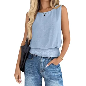 Women's chic light blue sleeveless tank top featuring round neck and smocked hem detail