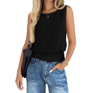 Women's black round neck sleeveless casual tank top with elegant smocked hem detail