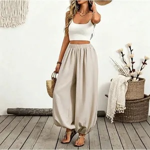 Bohemian style women's high waisted lantern pants in a neutral cream color finish.