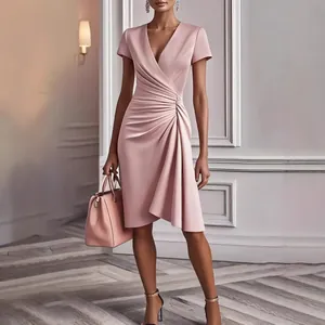 Elegant pink V-neck cocktail dress featuring a chic side draped pleated design