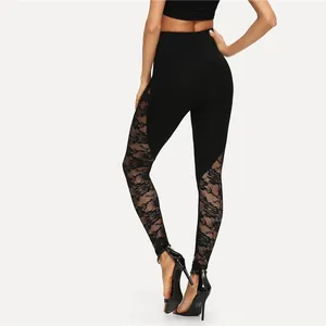 Women Sexy Lace Patchwork Yoga Leggings High Waist Hollow Out Floral Pattern Polyester Cotton Slim Fit Sports Fitness Pants