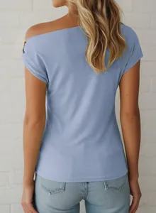 Back view of a blue slim-fit ribbed T-shirt with asymmetrical off-shoulder metal buckle.