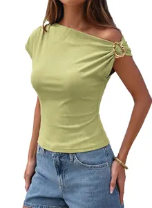Detailed view of women's off-shoulder ribbed t-shirt with elegant gold metal buckle