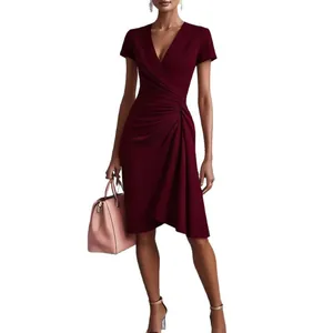 Elegant burgundy V-neck ruched midi dress for women featuring a slim fit and pleated design