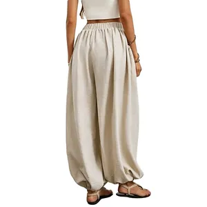 High-waist linen lantern pants for women in beige style for beach vacation outfits