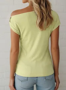 Back view of a pale yellow ribbed slim-fit T-shirt with asymmetrical off-shoulder design