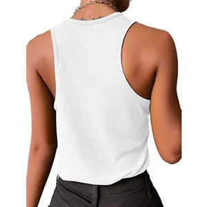 Detailed back view of a white ribbed sleeveless tank top with a classic round neckline