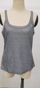 Close-up of the textured grey ribbed fabric and round neckline of the women's vest