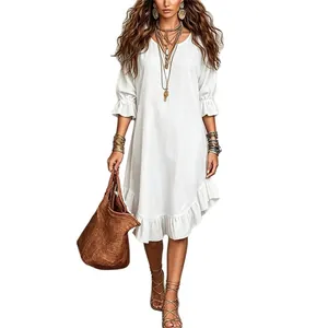 Elegant white V-neck midi dress with ruffled sleeves and hem for women's summer boho style