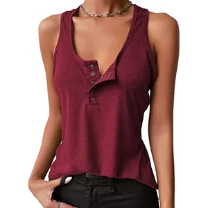 Close-up of a women's burgundy sleeveless tank top with snap-button henley neckline.