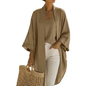 Lässiges Leinen-Zweiteiler-Set mit langer Strickjacke und Tanktop in Hellbraun