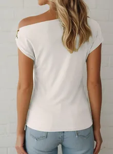 Back view of a white slim-fit ribbed off-shoulder T-shirt with metal buckle detail
