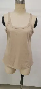 Close-up detail of a beige ribbed knit tank top with round neck shown on mannequin
