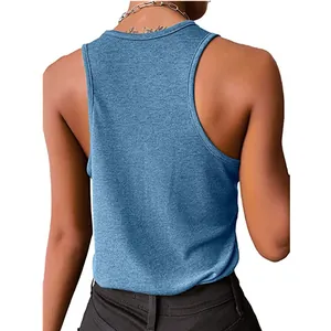 Back view close-up of blue sleeveless knit tank top vest showing ribbed fabric texture