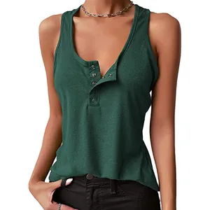 Close-up detail of dark green ribbed sleeveless tank top with metal henley buttons