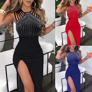 Γυναικείο Σέξι Halter Φόρεμα Maxi με Άνοιγμα Στρας και Σκίσιμο Κομψό Αμάνικο Φόρεμα για Συμπόσιο Πάρτι