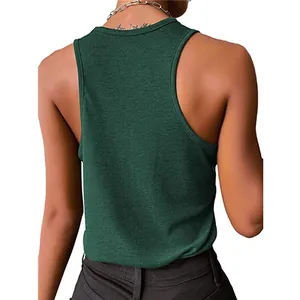 Back view of a dark green ribbed racerback tank top for women, showing fabric texture.