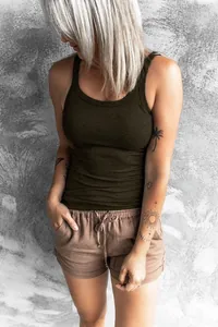 Detail view of a women's ribbed tank top and drawstring shorts in a casual summer style.