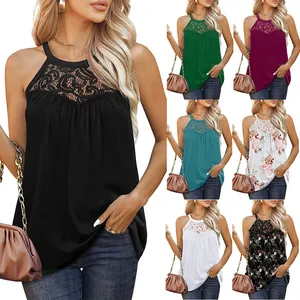 Women Summer Lace Halter Tank Top Sleeveless Pleated T-Shirt Casual Hollow Out Camisole Solid Color Floral Print Vest Top