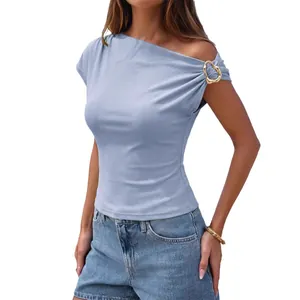 Stylish slim fit light blue ribbed asymmetric off-shoulder T-shirt with gold heart buckle