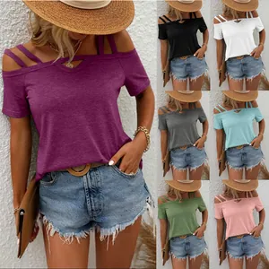 Damen Casual Kurzarm T-Shirt Doppelgurt Offene Schultern Schulterfrei Top Einfarbig Polyester Sommer Mode Tee