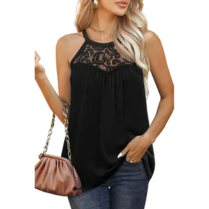 Detailed view of black sleeveless tank top with delicate lace trim and soft pleated texture