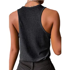 Back view detail of dark grey ribbed knit sleeveless racerback tank top for women