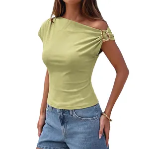 Women's asymmetrical off-shoulder ribbed slim fit T-shirt with gold metal buckle detail