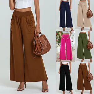 Women High Waisted Wide Leg Pants With Pockets Casual Loose Straight Leg Trousers Solid Color Stretchy Lounge Trousers