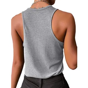 Back view of a gray ribbed sleeveless tank top for women with a racerback design