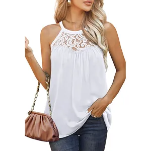 Close-up of white sleeveless tank top with lace neckline and pleated texture