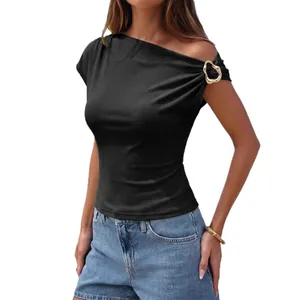 Elegant women's black ribbed off-shoulder T-shirt featuring a chic heart metal buckle detail