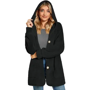 Detailed view of women's black fuzzy fleece hooded cardigan with large buttons and pockets