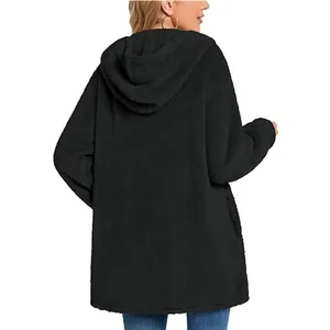 Detailed back view of a women's black fuzzy hooded cardigan with soft plush texture