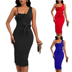 One-shoulder sequined evening dress with side slit and waist belt in three colors