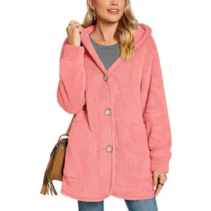 Cozy pink teddy fleece hooded cardigan with large buttons and pockets for women