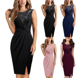 Detail view of sleeveless sequined splice slim party dress in multiple colors