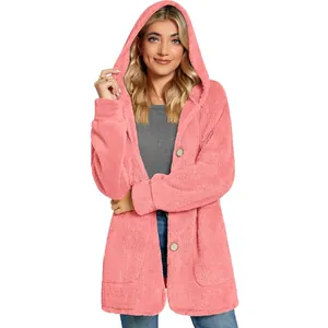 Detailed view of soft pink fuzzy hooded cardigan with large buttons and pockets