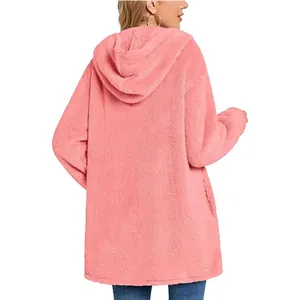 Rear view of women's pink fluffy hooded fleece cardigan jacket with soft texture