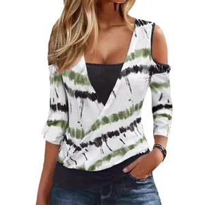 Women's cold shoulder V-neck fake two-piece T-shirt with green striped print