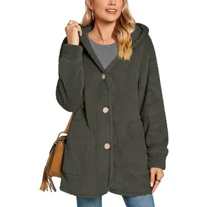 Close-up view of women's plush hooded cardigan jacket with buttons and side pockets in dark grey