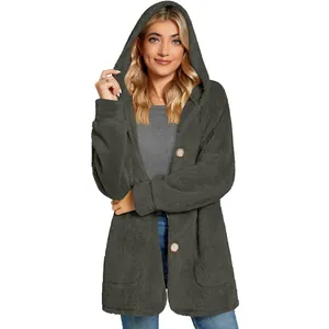 Detail view of cozy grey plush hooded cardigan with large buttons and pockets