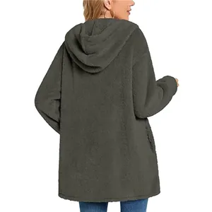 Back view of a grey plush hooded cardigan showing texture and fit