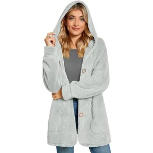 Detailed view of a soft gray plush hooded cardigan featuring buttons and deep pockets