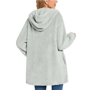 Back view of women's cozy grey plush hooded fleece cardigan jacket with soft texture