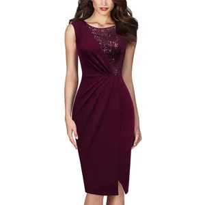 Detailed view of burgundy sleeveless party dress with sequins and pleated waist.