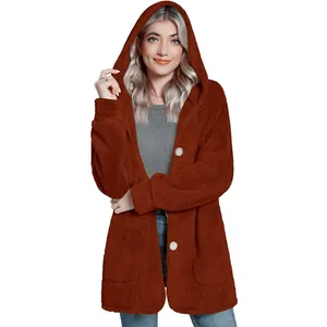Comfortable women's rust-colored plush hooded cardigan with buttons and large pockets.